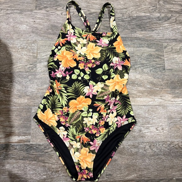 Hurley Other - Hurley Tropical Floral One Piece Swimsuit Black XL Cross Back Built in Bra
